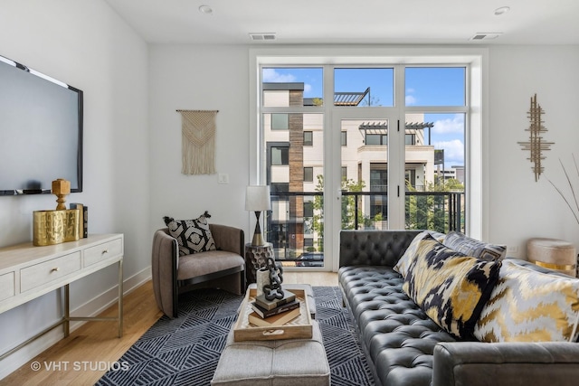 living room with plenty of natural light and wood-type flooring