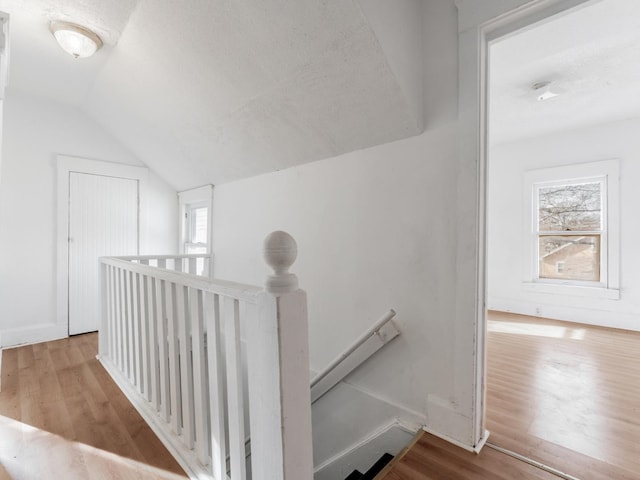 hall with light hardwood / wood-style flooring and lofted ceiling