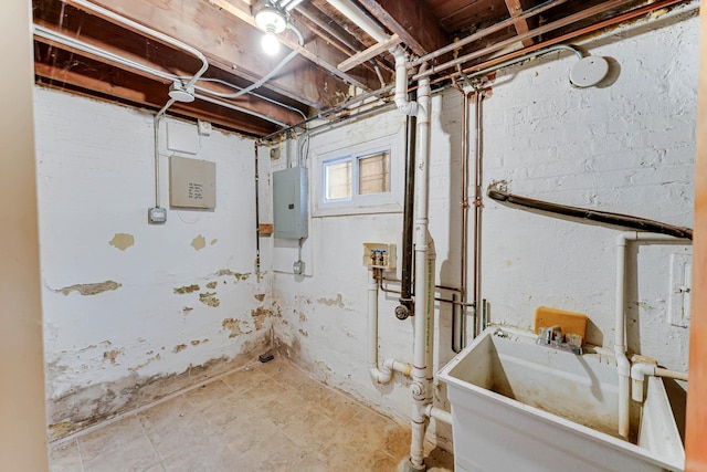 basement with sink and electric panel