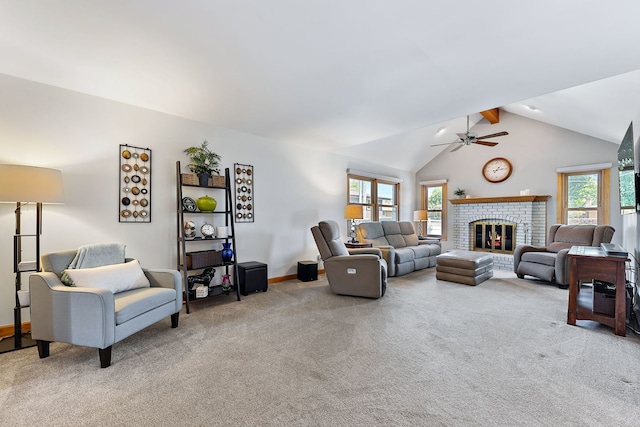 living room featuring a brick fireplace, plenty of natural light, light carpet, and lofted ceiling with beams