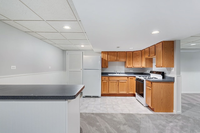 kitchen featuring sink, white appliances, and light carpet