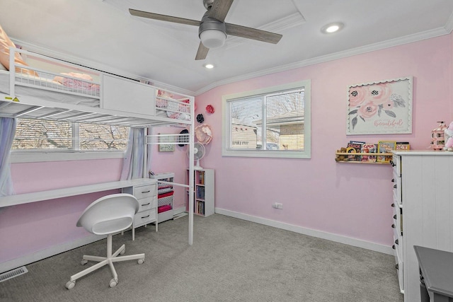 bedroom with light carpet, crown molding, and ceiling fan