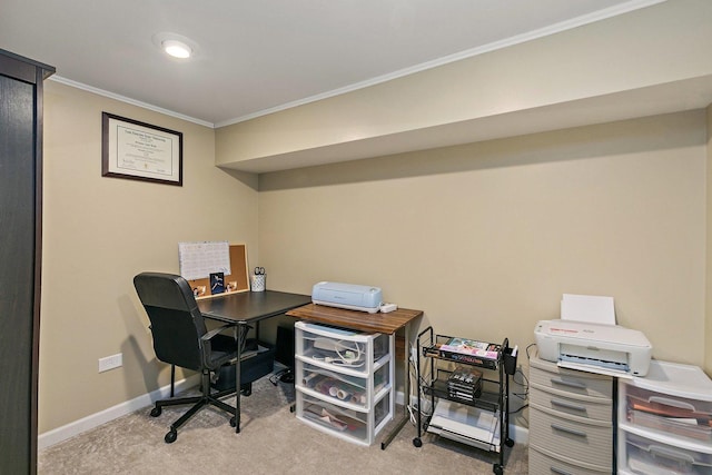 home office with light carpet and crown molding