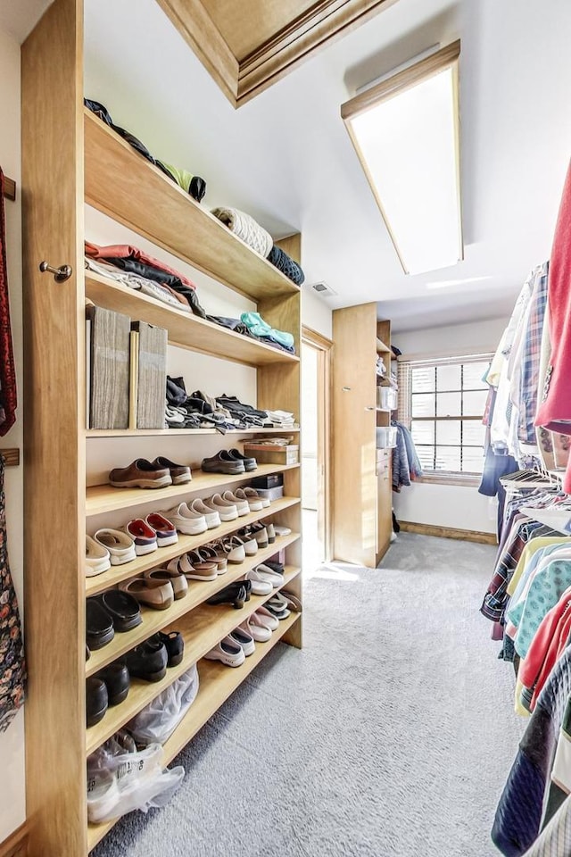 walk in closet with light carpet