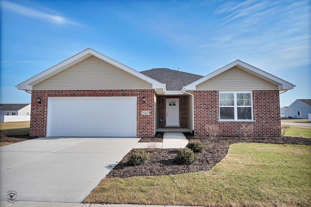 single story home featuring a front yard and a garage