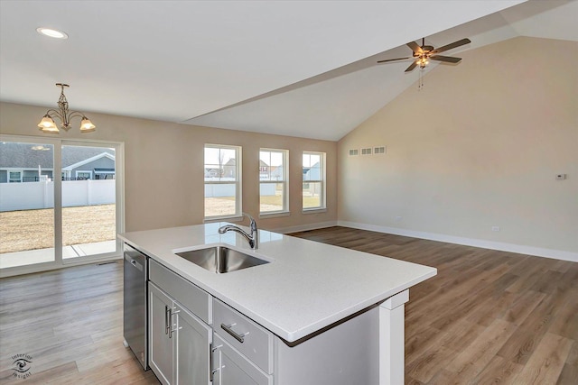 kitchen featuring decorative light fixtures, a center island with sink, a healthy amount of sunlight, and sink