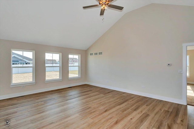 empty room featuring high vaulted ceiling, light hardwood / wood-style flooring, and ceiling fan