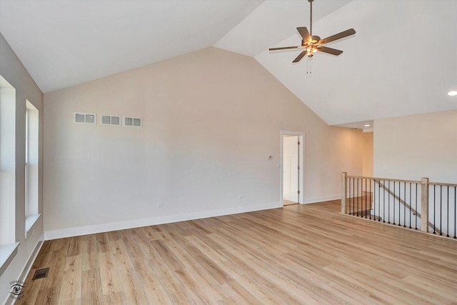 unfurnished room with high vaulted ceiling, light hardwood / wood-style flooring, and ceiling fan