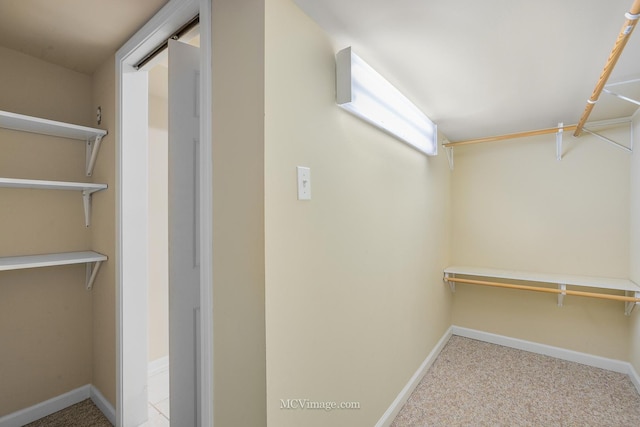 walk in closet featuring light colored carpet