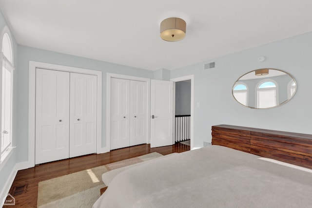 bedroom featuring multiple closets and dark hardwood / wood-style floors