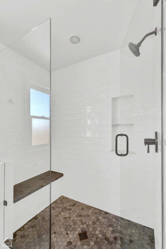 bathroom featuring a shower with shower door