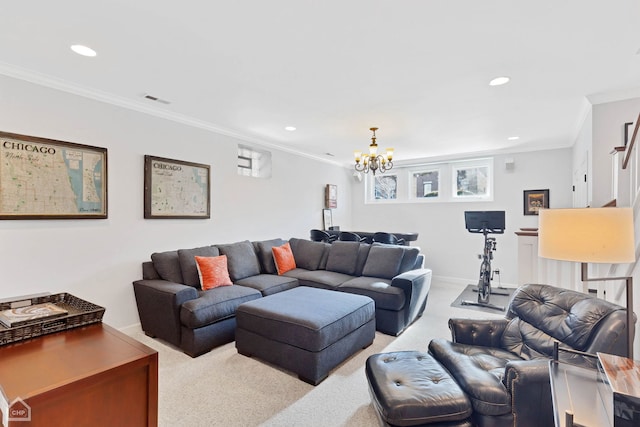 living room featuring ornamental molding, light colored carpet, and a chandelier