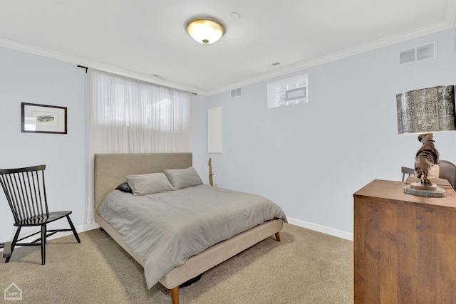 bedroom with crown molding and light colored carpet