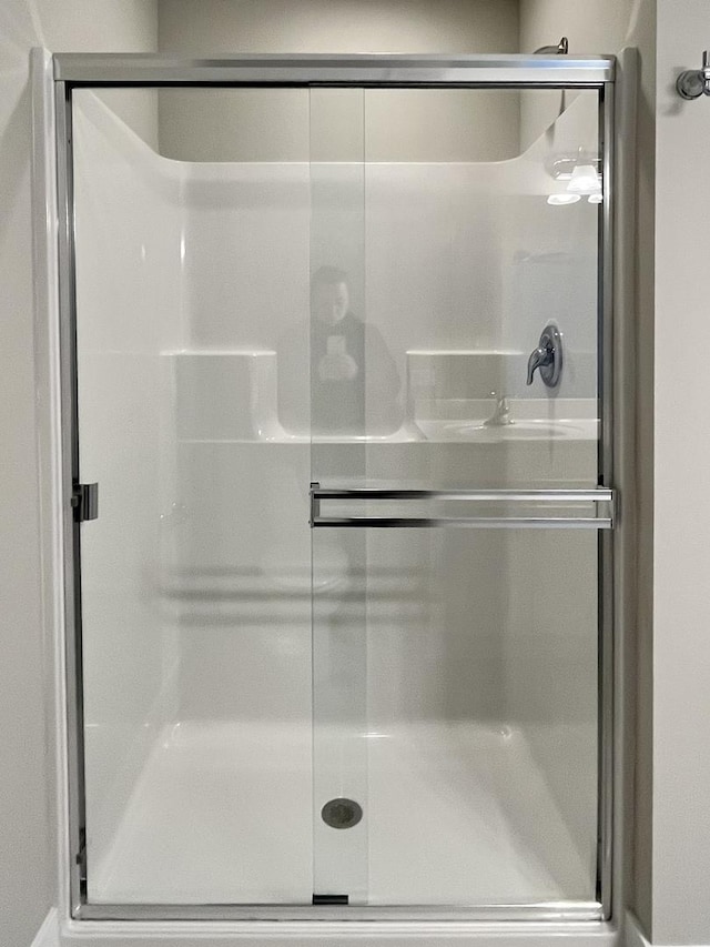 bathroom with a shower with shower door