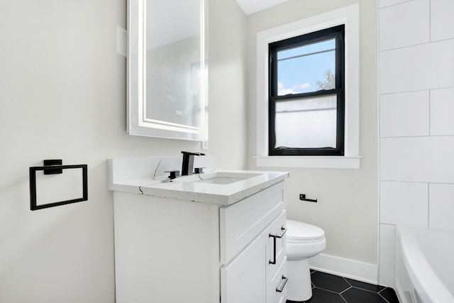 full bathroom with tile patterned flooring, vanity, toilet, and independent shower and bath