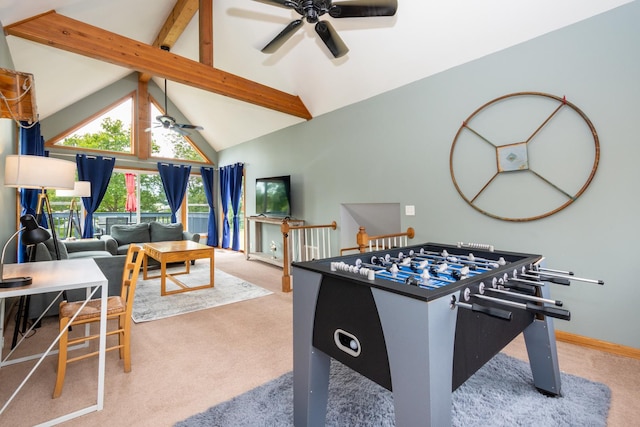 playroom featuring vaulted ceiling with beams, carpet floors, and ceiling fan