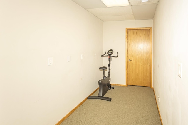 hallway with light colored carpet and a drop ceiling