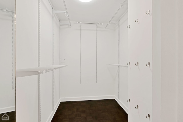 spacious closet with dark parquet floors