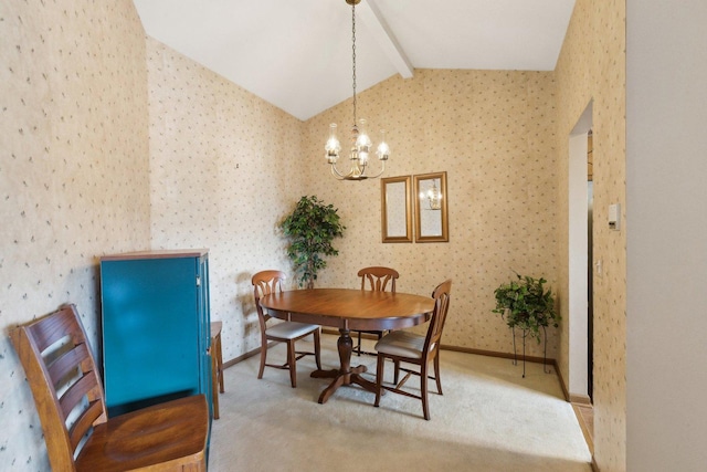 dining space with a chandelier, lofted ceiling with beams, and carpet floors