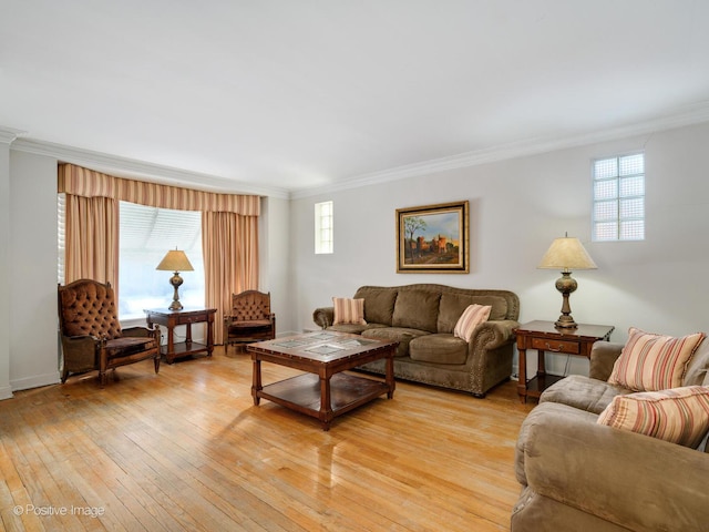 living room featuring light wood-type flooring and ornamental molding