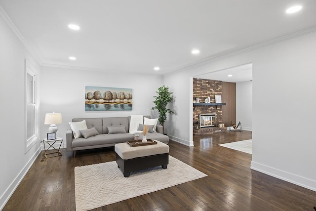 living room with crown molding, a fireplace, and dark wood-type flooring