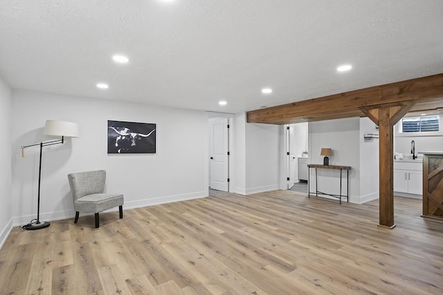 sitting room with sink, a textured ceiling, and light hardwood / wood-style flooring