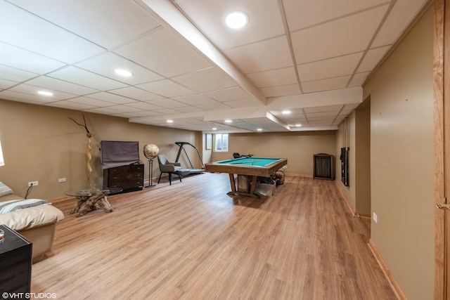 recreation room featuring a paneled ceiling, pool table, and light hardwood / wood-style flooring