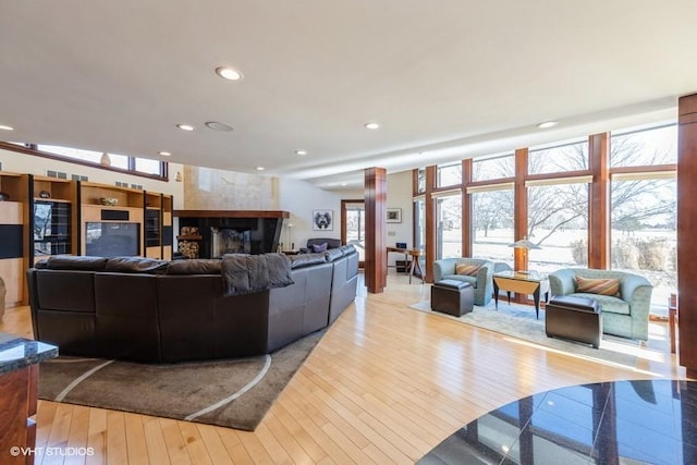 living room featuring decorative columns and light hardwood / wood-style floors