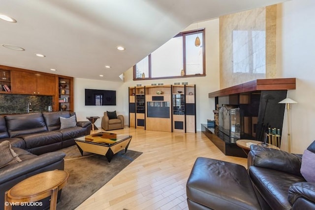 living room featuring light hardwood / wood-style flooring and high vaulted ceiling