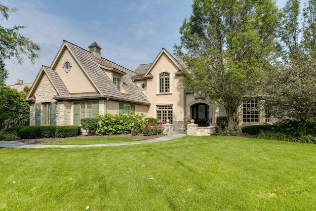 view of front of home featuring a front yard and french doors