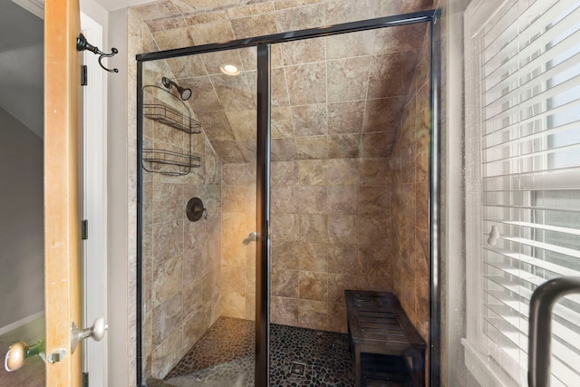 bathroom featuring a shower with shower door