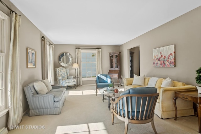 living room featuring light colored carpet