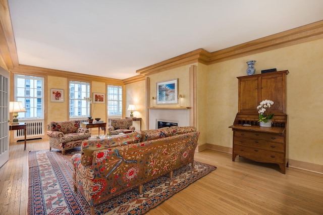 living room featuring radiator, a wealth of natural light, light hardwood / wood-style floors, and ornamental molding