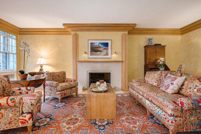 living room featuring ornamental molding