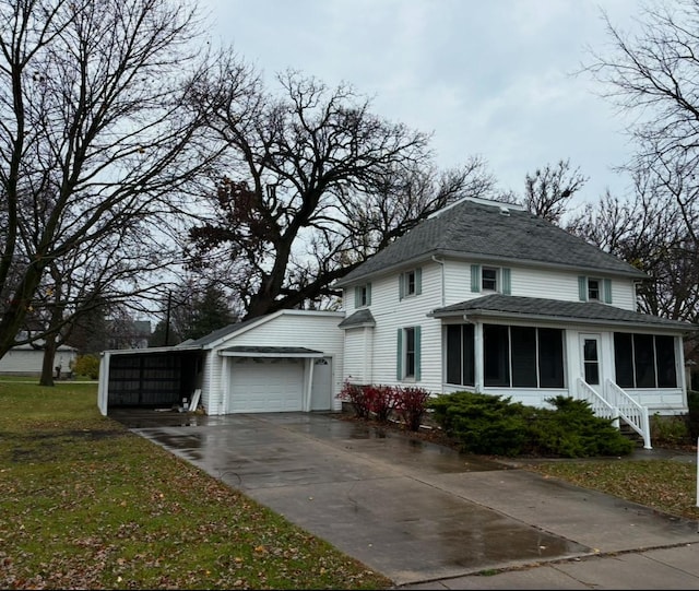 exterior space with a sunroom and a garage