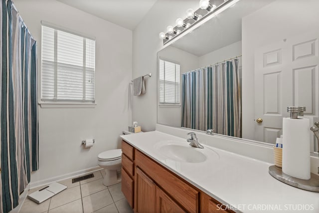 bathroom with visible vents, baseboards, toilet, tile patterned flooring, and vanity