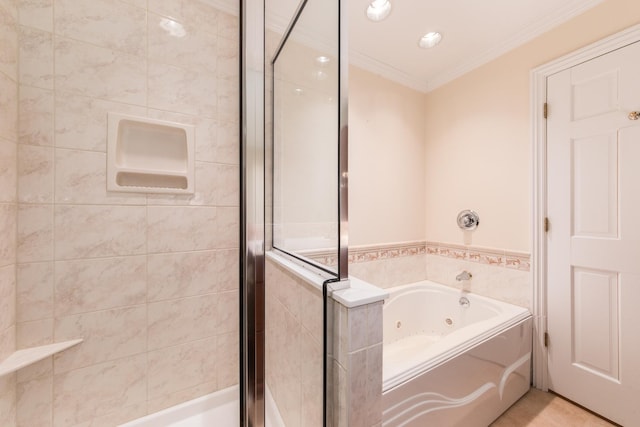 bathroom featuring a whirlpool tub, a shower stall, crown molding, and recessed lighting