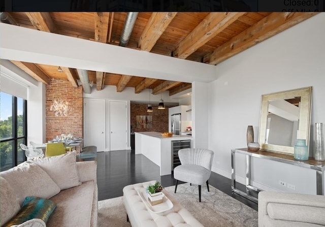 living room featuring wood-type flooring, brick wall, beam ceiling, wood ceiling, and beverage cooler