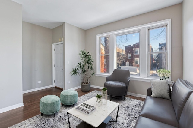 living room with dark hardwood / wood-style flooring