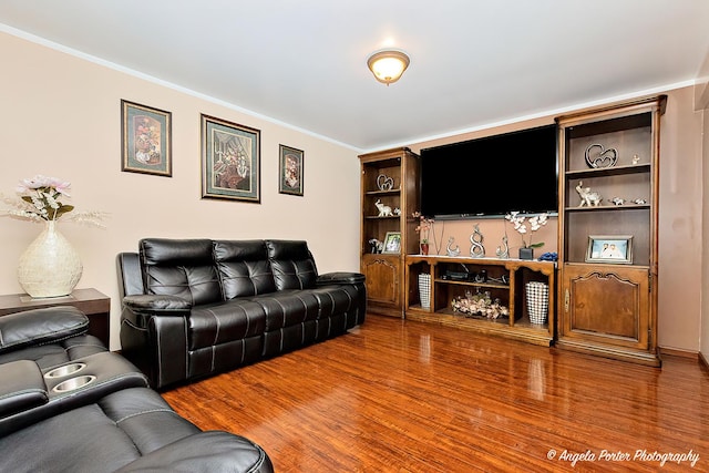 living room with hardwood / wood-style floors and crown molding