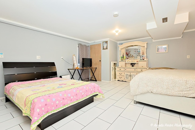 tiled bedroom featuring crown molding