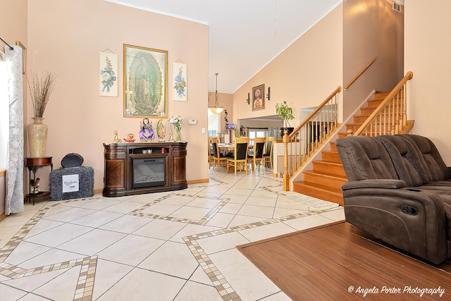 living room with lofted ceiling