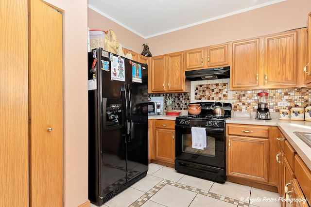 kitchen with backsplash, crown molding, exhaust hood, black appliances, and light tile patterned flooring