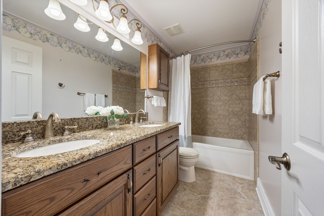 full bathroom with shower / bath combo, toilet, and vanity