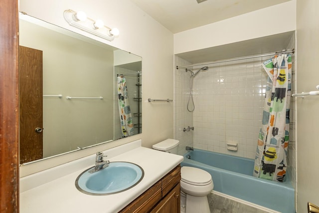 full bathroom with toilet, vanity, and shower / bath combination with curtain