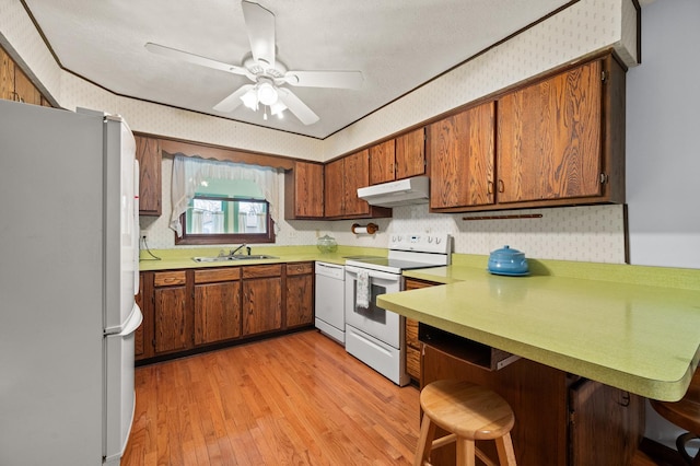 kitchen featuring white appliances, ceiling fan, sink, light hardwood / wood-style floors, and a breakfast bar area