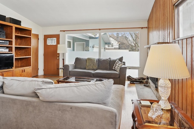 living room with vaulted ceiling and light wood-type flooring