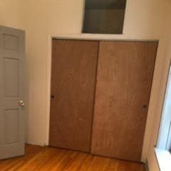 unfurnished bedroom featuring light wood-type flooring and a closet