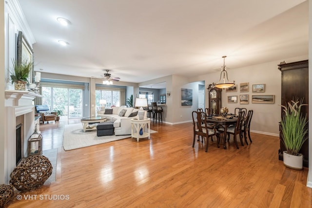 living room featuring ceiling fan and light hardwood / wood-style flooring