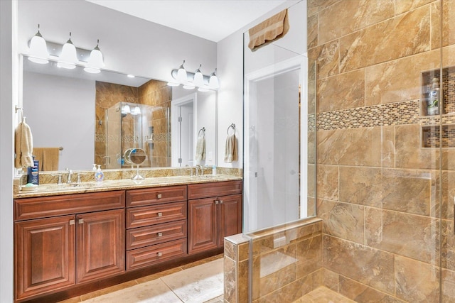 bathroom featuring walk in shower and vanity